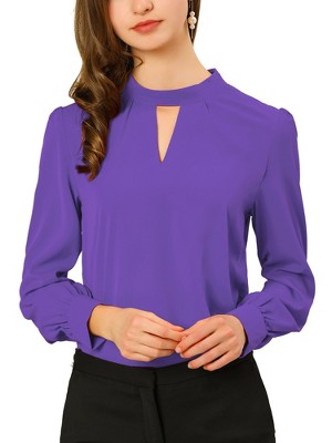INSPIRE CHIC Women's Office Keyhole Elegant Stand Collar Long Sleeve Back Neck Button Blouse