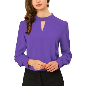 INSPIRE CHIC Women's Office Keyhole Elegant Stand Collar Long Sleeve Back Neck Button Blouse - 1 of 4