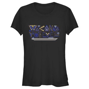 Juniors Womens Black Panther: Wakanda Forever Yellow and Blue Pattern Logo T-Shirt - 1 of 4