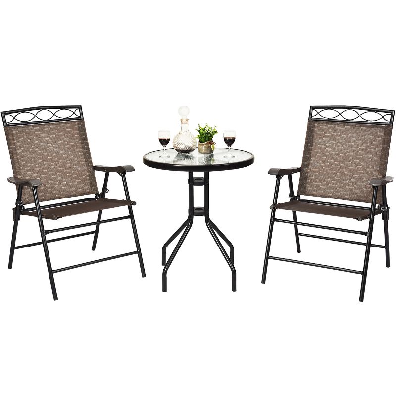 Costway 3 PCS Bistro Conversation Patio Pub Dining Set W/ 2 Folding Chairs & Glass Table, 1 of 11
