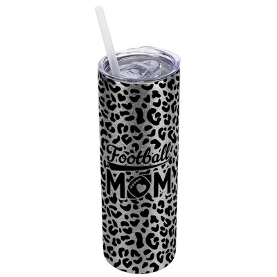 Elanze Designs Leopard Print Silvertone Sparkle 20 Ounce Double Wall Stainless Steel Glitter Travel Tumbler With Sliding Lid And Straw, Football Mom