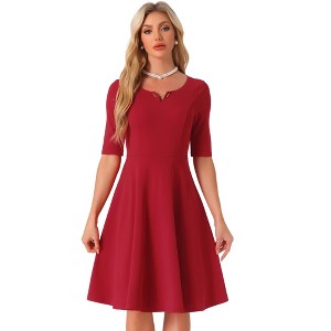 Allegra K Women's V Neck Half Sleeve Work Casual Midi Elegant A-Line Dress - 1 of 4
