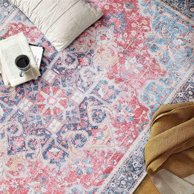 Red and Blue Synthetic Flat Woven Medallion Area Rug