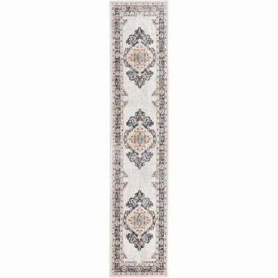 Ivory and Blue Floral Synthetic Runner Rug