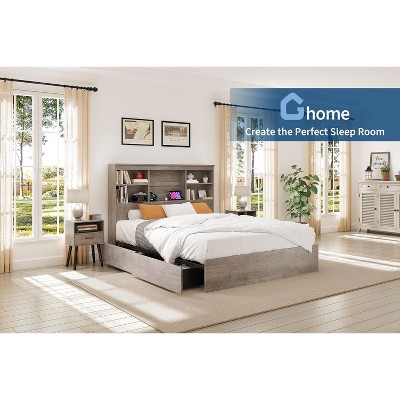 Bed Frame with High Storage Bookcase Headboard, Wood Bed Frame with 4 Storage Drawers, Built In Charging Station,No Box Spring Needed, Metal Frame,