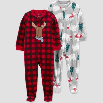 Image of Carter's Just One You®️ Toddler Boys' 2pk Buffalo Checkered Reindeer and Polar Bears Fleece Footed Pajama - Black/Red 2T