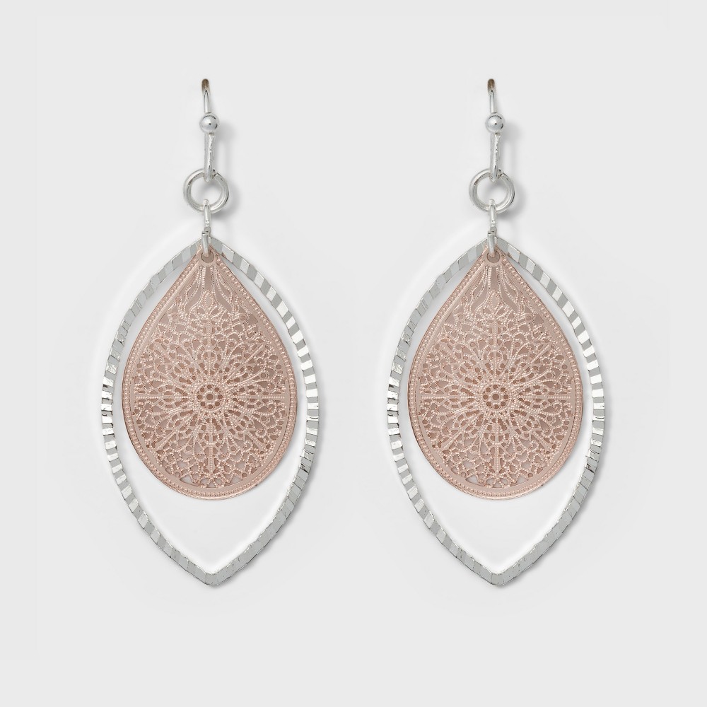 Photos - Earrings Leaf and Open Oval Drop  - A New Day™ Silver/Rose Gold