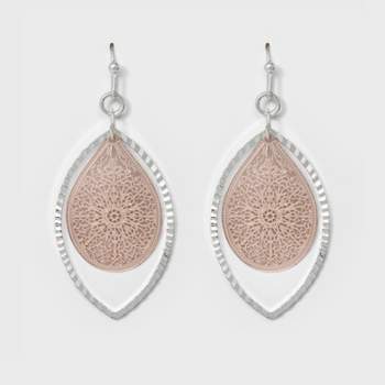 Leaf and Open Oval Drop Earrings - A New Day™ Silver/Rose Gold