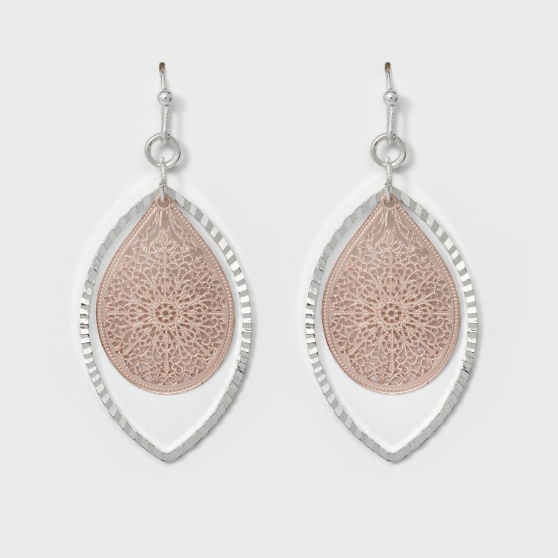 Leaf and Open Oval Drop Earrings - A New Day&#8482; Silver/Rose Gold, 1 of 6