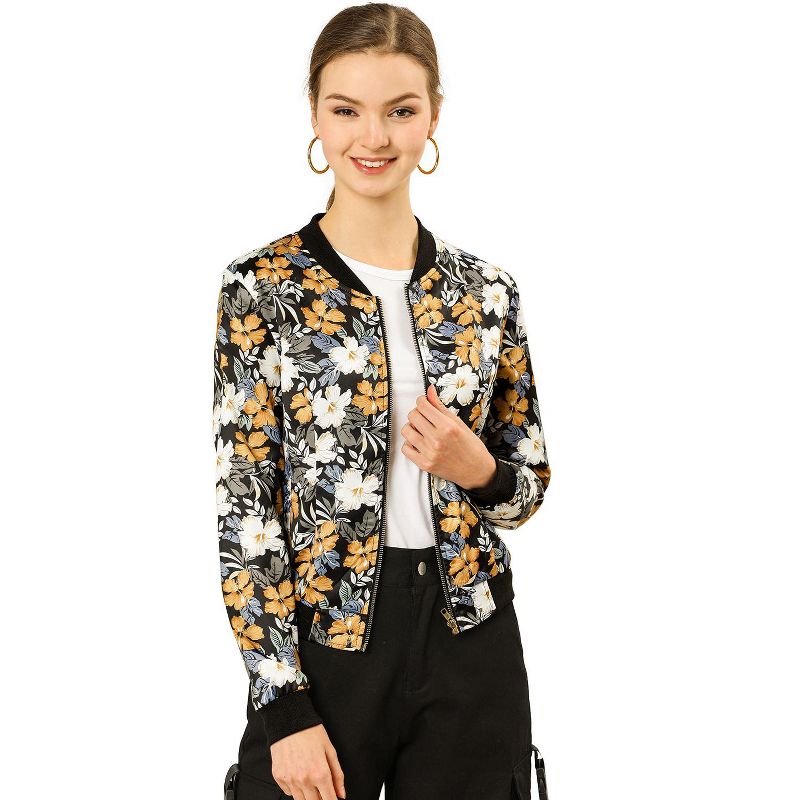 Allegra K Women's Stand Collar Floral Prints Zip Up Lightweight Short Jacket, 1 of 8