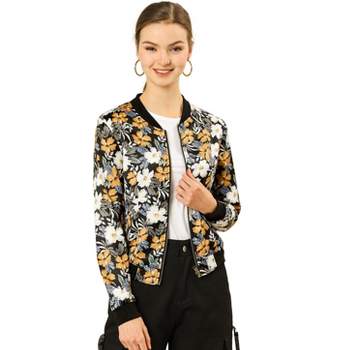 Allegra K Women's Stand Collar Floral Prints Zip Up Lightweight Short Jacket