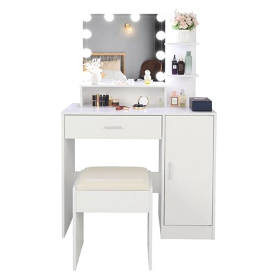 Large Vanity Set with 10 LED Bulbs, Makeup Table with Cushioned Stool, 3 Storage Shelves 1 Drawer 1 Cabinet