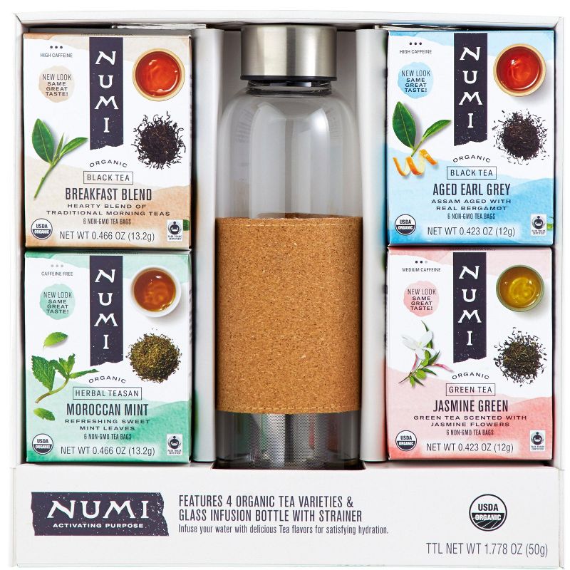 Numi Organic Tea Gift Set , Includes 16oz Glass Tea infusion Bottle with Strainer and 4 organic tea varieties (24 tea bags), 1 of 7