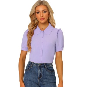 Allegra K Women's Peter Pan Collar Short Sleeve Button Front Work Shirt - 1 of 4