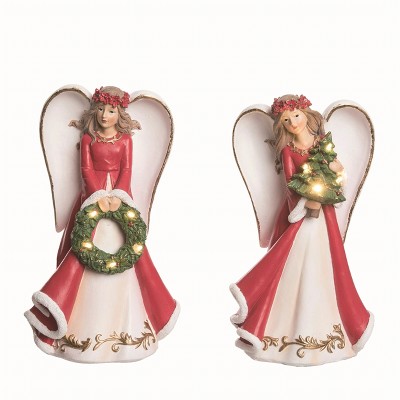 Transpac Resin Light Up Crimson Angel Figurine Set of 2 Christmas Home Decorations
