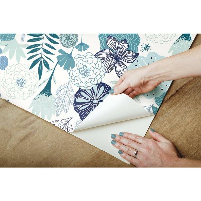 Blue Floral Peel and Stick Vinyl Wallpaper Roll
