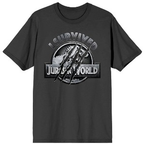 Jurassic World Franchise Logo Icon with Scratch marks I Survived text on Charcoal Ground Adult  Crew Neck Short Sleeve T-shirt - 1 of 4