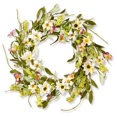 Floral Wreath Mixed Flowers - White/Purple (20")