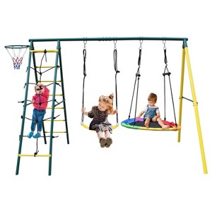 Okak 4-IN-1 Outdoor Swing with Oxford Rope, Toddler Swing with Climbing Frame and Basket Ring, Swing Set for Boys and Girls, Multicolor - 1 of 4
