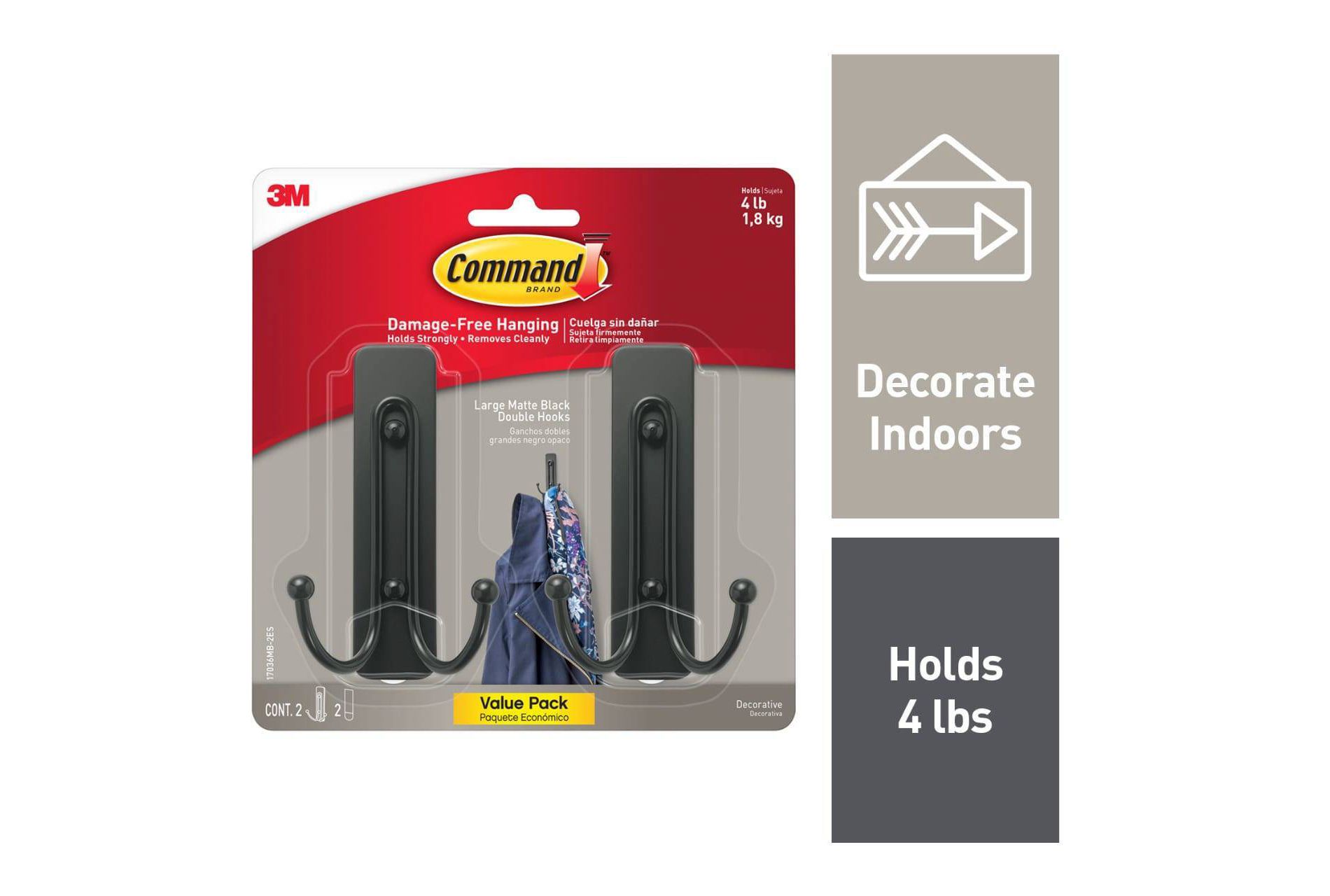 Command 2pk Large Sized Double Decorative Hook Matte Black
