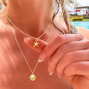 HTUTWOO Women Layered Shell Necklace, Gold Seashell Starfish Pendant Necklace , Adjustable Chain, Trendy Beach Vacation Jewelry - 1 of 4