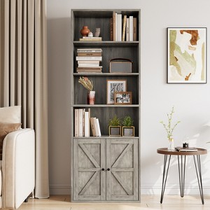 71.4in Tall Farmhouse Bookcase with Doors 11.8in Depth Display Storage Shelves Industrial Bookshelf Wooden 6 Shelf Bookshelves for Living Room - 1 of 4