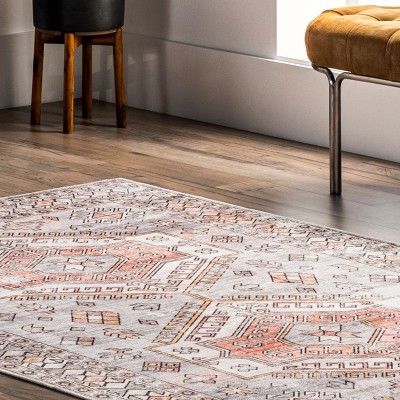 Light Gray Tribal Motif Washable Area Rug