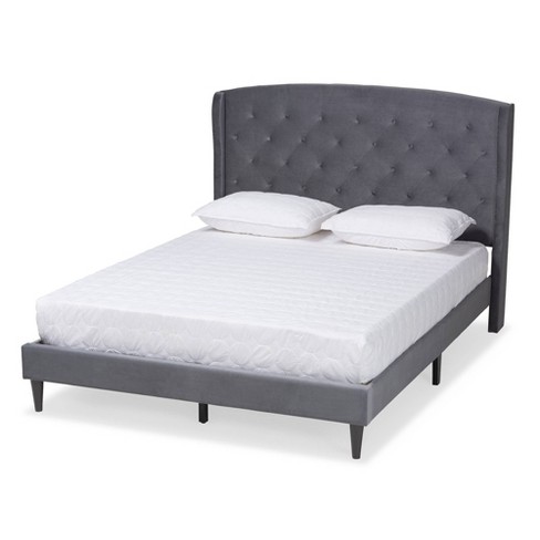 King Joanna Velvet Fabric Upholstered And Wood Platform Bed Gray