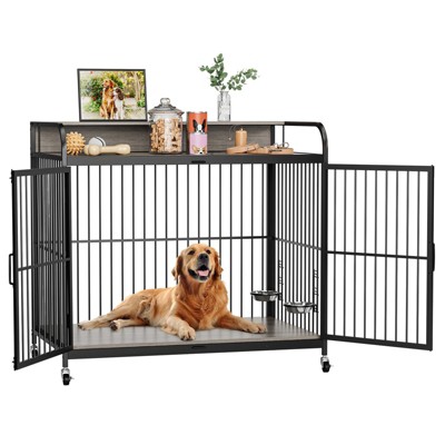 Homhougo 39.8" L X 22.5" W X 38.6" H Dog Crate Furniture, Dog Crate Indoor with Adjustable Height Bowls Gray