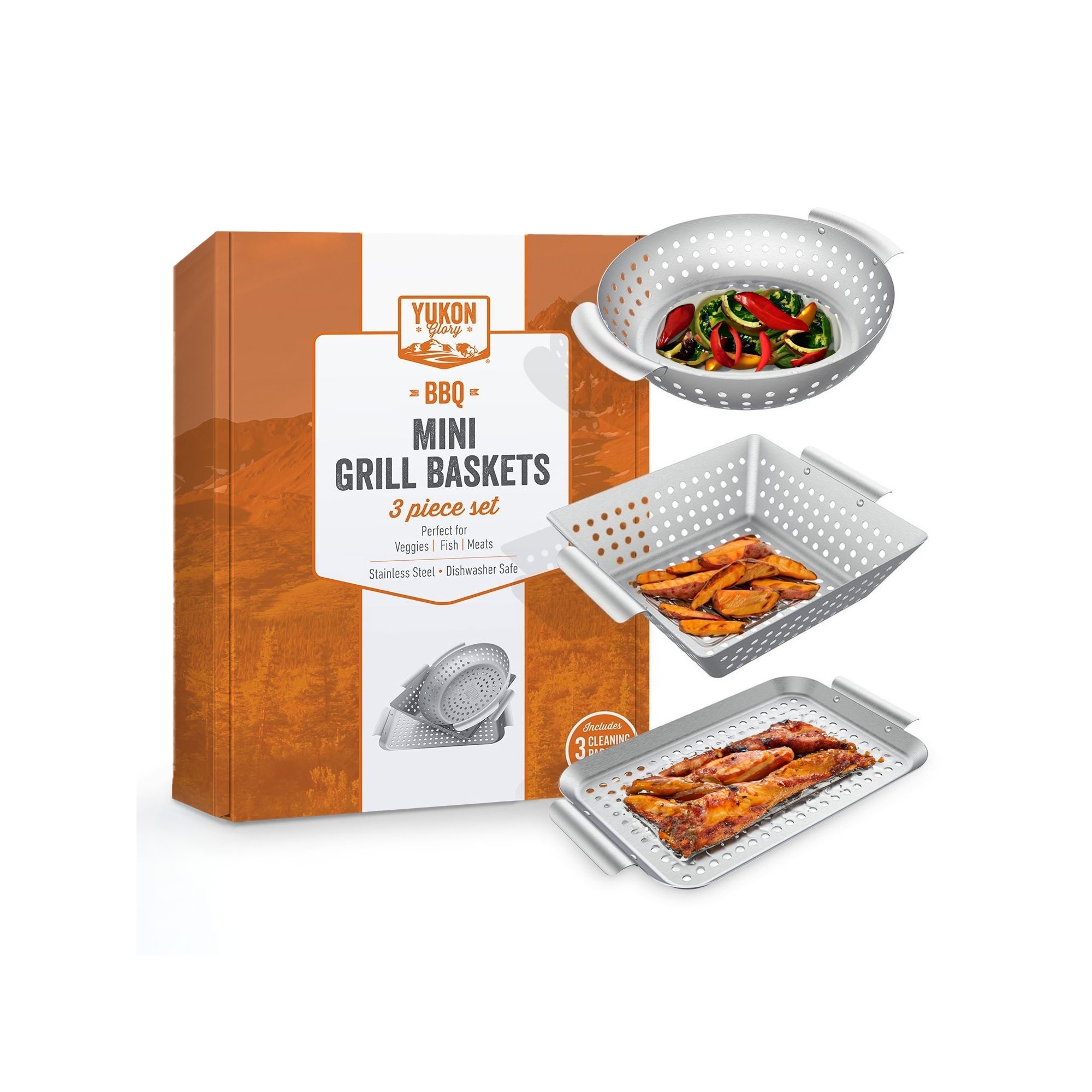 Yukon Glory Set of 3 Professional Barbecue Mini Grilling Basket Set, Heavy Duty Stainless Steel Perforated Grill Baskets