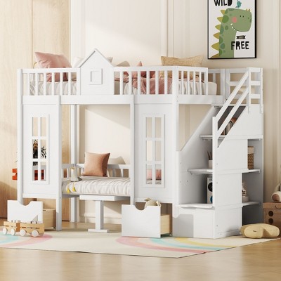 NicBex Twin over Twin Bunk Bed with Changeable Table Pine Bed Frame with Drawers, Shelves, Storage Stairs and Guardrail, No Box Spring Required