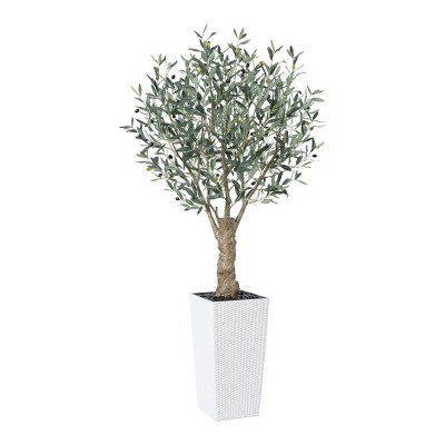 UV Resistant 6-7FT Artificial Olive Tree with White Tall Planter and Thick Trunk, Pre Potted Fake Tree for Indoor and Outdoor House Decor