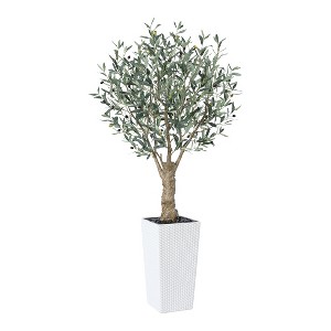 UV Resistant 6-7FT Artificial Olive Tree with White Tall Planter and Thick Trunk, Pre Potted Fake Tree for Indoor and Outdoor House Decor - 1 of 4