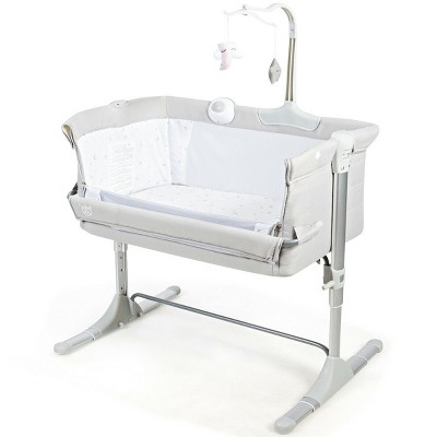 Image of Costway Portable Baby Bed Side Crib Height Adjustable W/ Music Box & Toys Light Grey