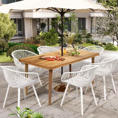 7 Piece Outdoor Dining Set with Acacia Wood Table,Stackable PP Dining Chair Patio Garden Set,Weather Resistant Outdoor Dining Set-Cuddlewood