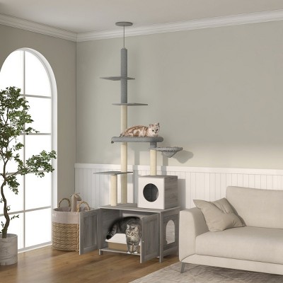 LAOTIES 2-in-1 Floor To Ceiling Cat Tree with Hidden Litter Box,Multi Level Indoor Cat Tower with Condo,Hammock,Scratching Posts