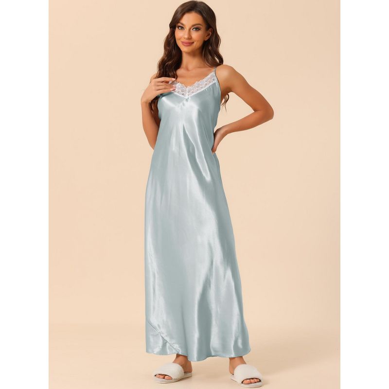 cheibear Women's Sleeveless Camisole V Neck Sleepwear Lace Trim Lounge Maxi Pajamas Nightgowns, 2 of 6