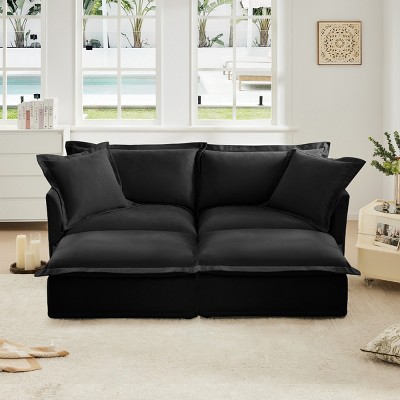 Slipcovered Sectional Sofa, 2 Seater Sofa with Removable Cover, Sofa with Convertible Ottoman, Chenille Fabric Sectional Sofas-Cuddlewood