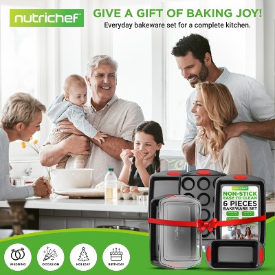 NutriChef 6-Piece Nonstick Carbon Steel Bakeware Set with Red Silicone Handles