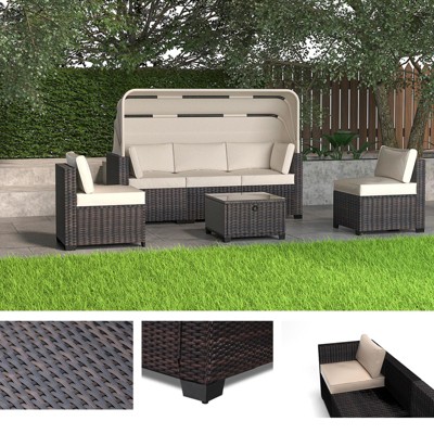 ONWITH 6 Pieces Patio Furniture Sets, Outdoor Rattan Daybed with Retractable Canopy