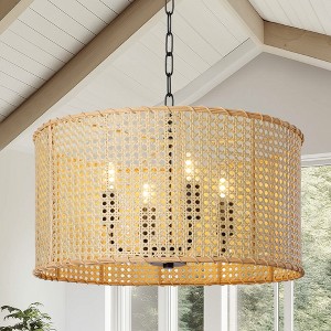 LamQee 17.2" Modern Farmhouse Rattan Chandeliers, 4-Lights Large Boho Pendant Lights Fixture with Wicker Shade - 1 of 4
