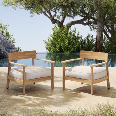 Set of 2 Acacia Wood Outdoor Lounge Chairs with Cushions,Patio Club Chairs with Backrest and Beige Seats–Maison Boucle