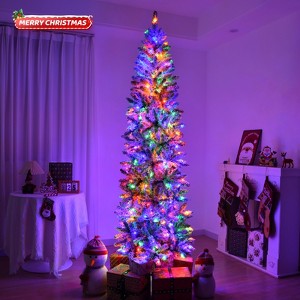 6ft Pre-Lit Pencil Snow Flocked Christmas Tree Hinged Artificial Xmas Tree W/ Remote-controlled Multi-Color - 1 of 4