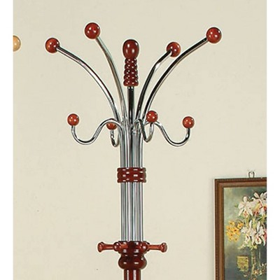 Cherry and Chrome 73" Tall Wooden Coat Rack with 12 Hooks