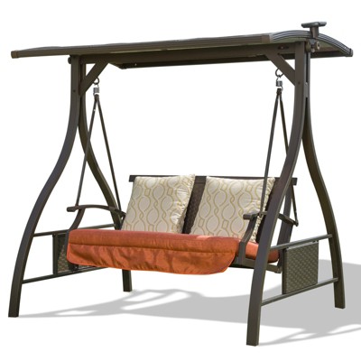 DSVIMOY 2-Seat Patio Swing Chair, Outdoor Porch Swing with Adjustable Canopy, Patio Swing Glider for Garden, Deck, Brown, 70"*49"*69"