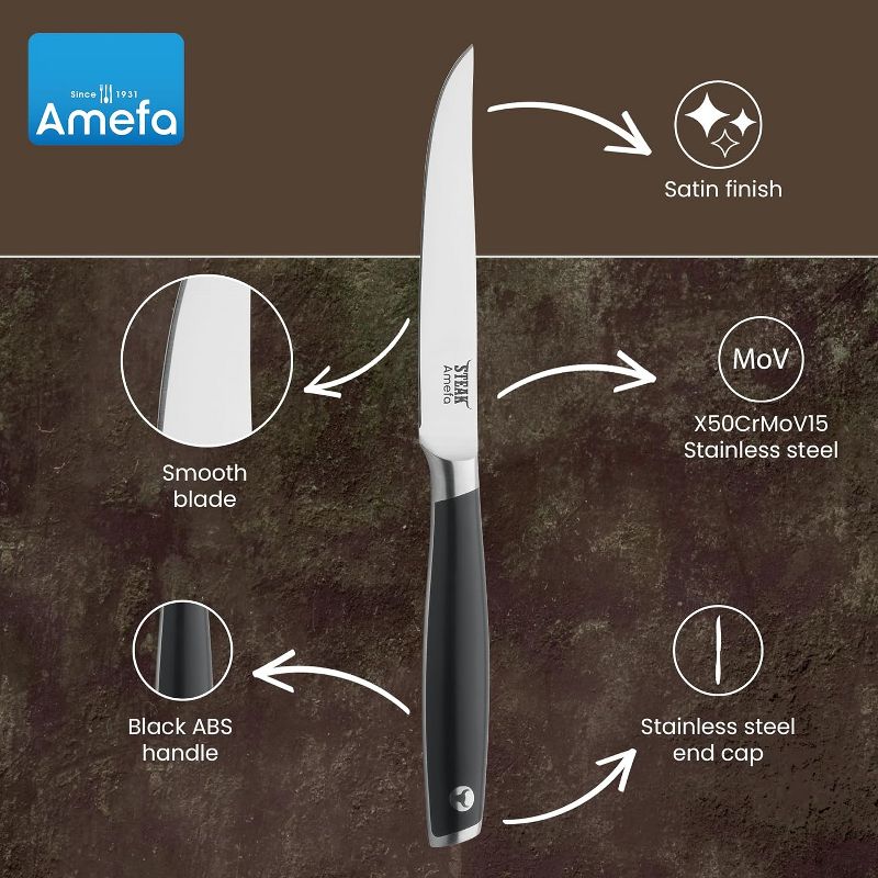 Amefa Tenderloin Steak Knives, Set Of 6, Premium High Carbon MOV Stainless Steel, Ergonomic Handle Design, Straight Edge 5 Inch Blade Steak Knife, 3 of 8