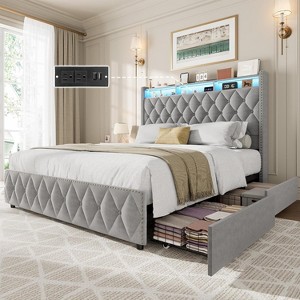Queen Bed Frame with 50.8" Tall Headboard and 4 Storage Drawers, Platform Velvet Upholstered Bed Frame with Charging Station, Led Lights, Beige - 1 of 4