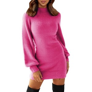 EXLURA Women's Mock Neck Ribbed Long Sleeve Bodycon Pullover Cute Mini Sweater Dress - 1 of 4