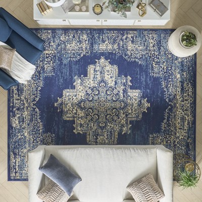 Extra Large Navy Blue Medallion Synthetic Area Rug