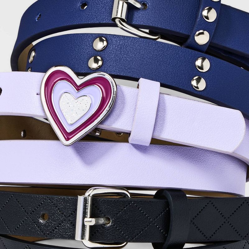 Girls' 3pk Heart Buckle Studded Embossed Belt Set - Cat & Jack™ Blue/Purple/Black, 4 of 5